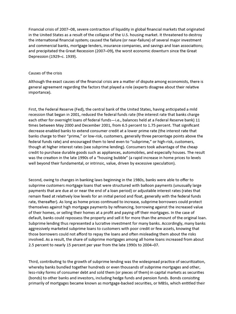 Causes of the 2007-08 Financial Crisis | PDF | Mortgages | Subprime Lending