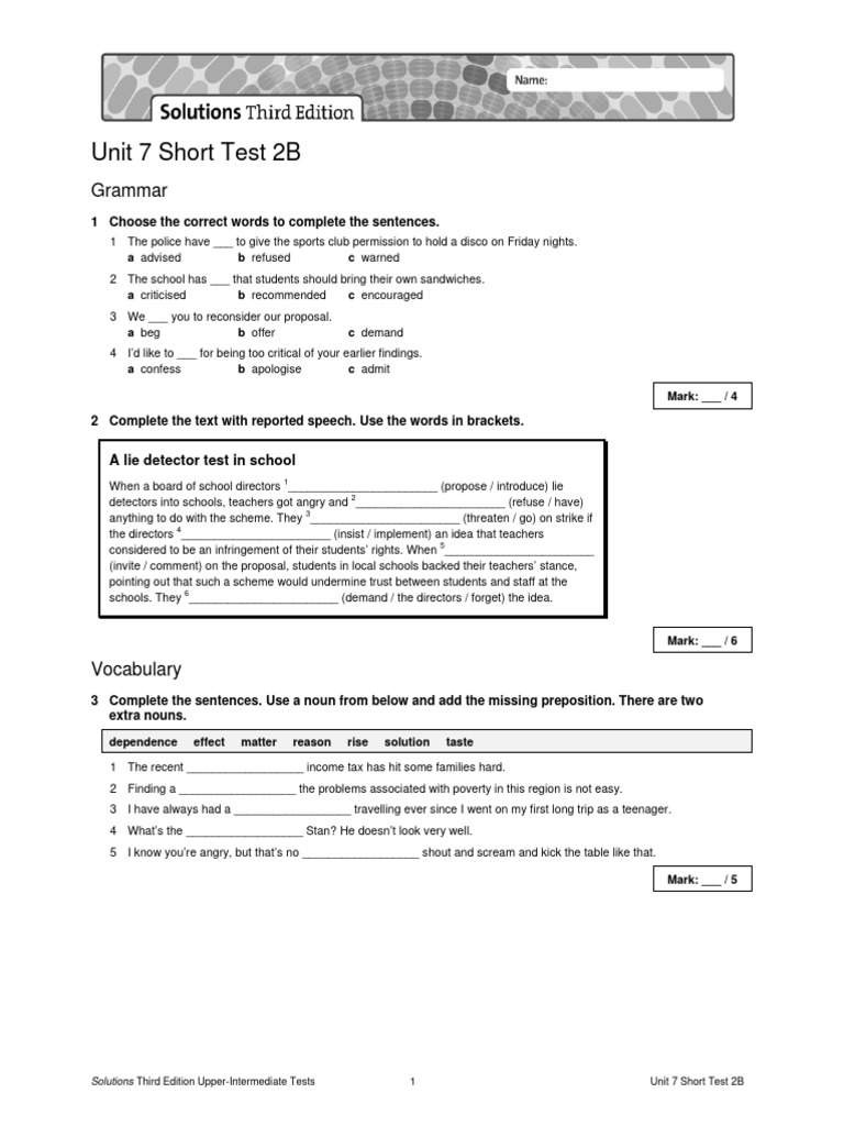 Sol3e Uppint U7 Short Test 2b | PDF | Linguistics | Syntax