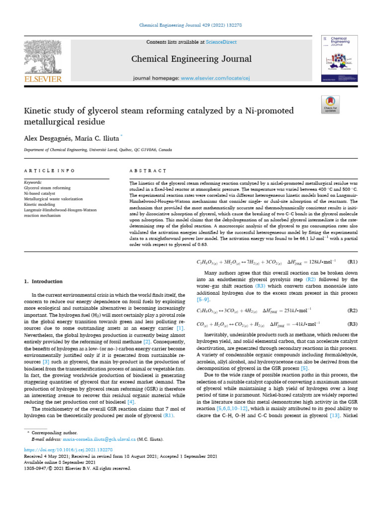 Kinetic Study of Glycerol Steam Reforming Catalyzed by A Ni-Promoted ...