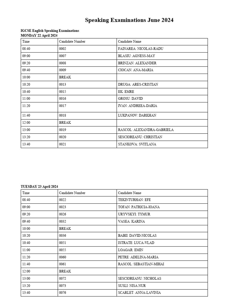 Cambridge IGCSE Speaking Exams Schedule | PDF