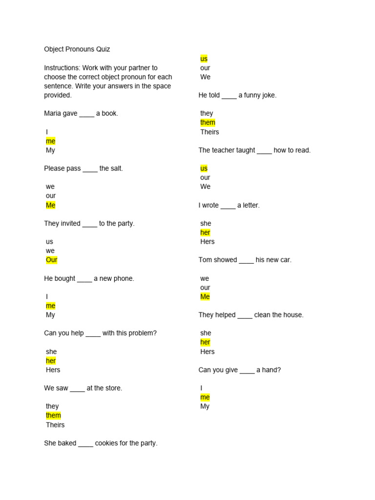 Object Pronouns Quiz - Contestado | PDF