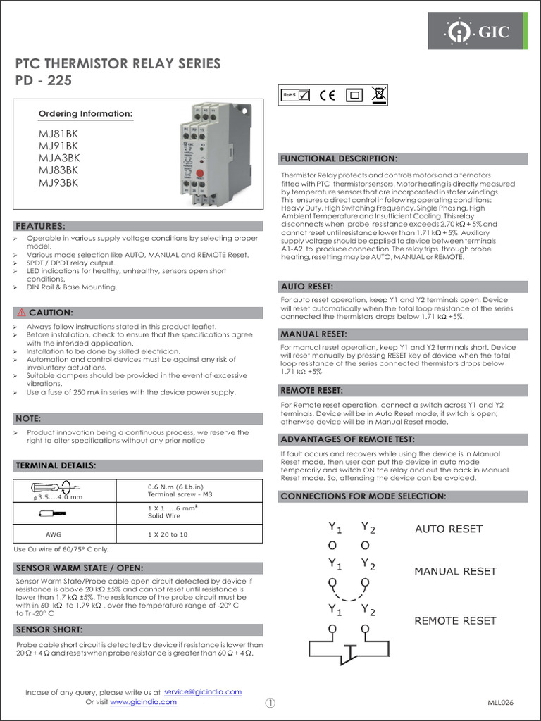 PTC Thermistor Relay PD-225 Overview | PDF