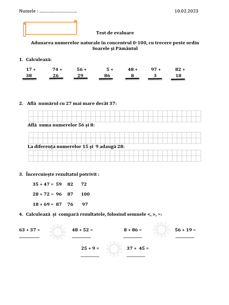 Test Evaluare MEM - Adunarea Cu Trecere Peste Ordin 0-100 | PDF