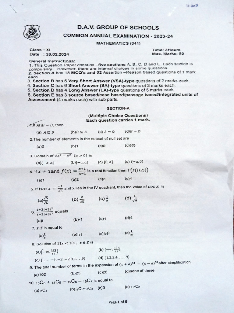 Class xi maths qp pdf mathematics mathematical objects