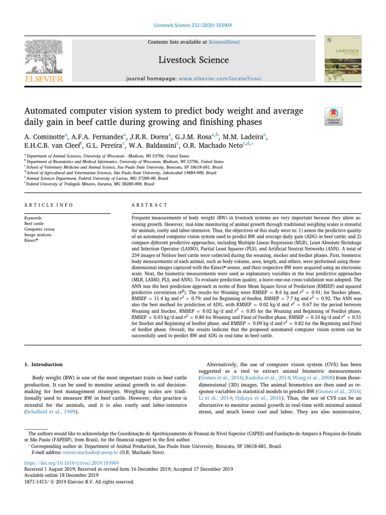 Automated Computer Vision System To Predict Body Weight and Av - 2020 ...