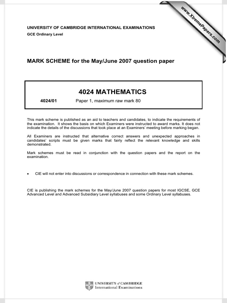 GCE O Level Mathematics Mark Scheme 2007 | PDF | Mathematics