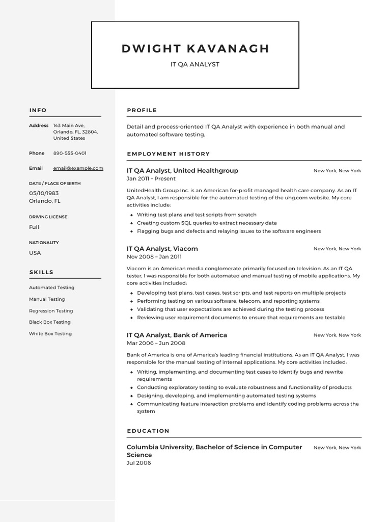 Dwight Kavanagh Resume IT QA Analyst 4 | PDF | Software Testing | It ...