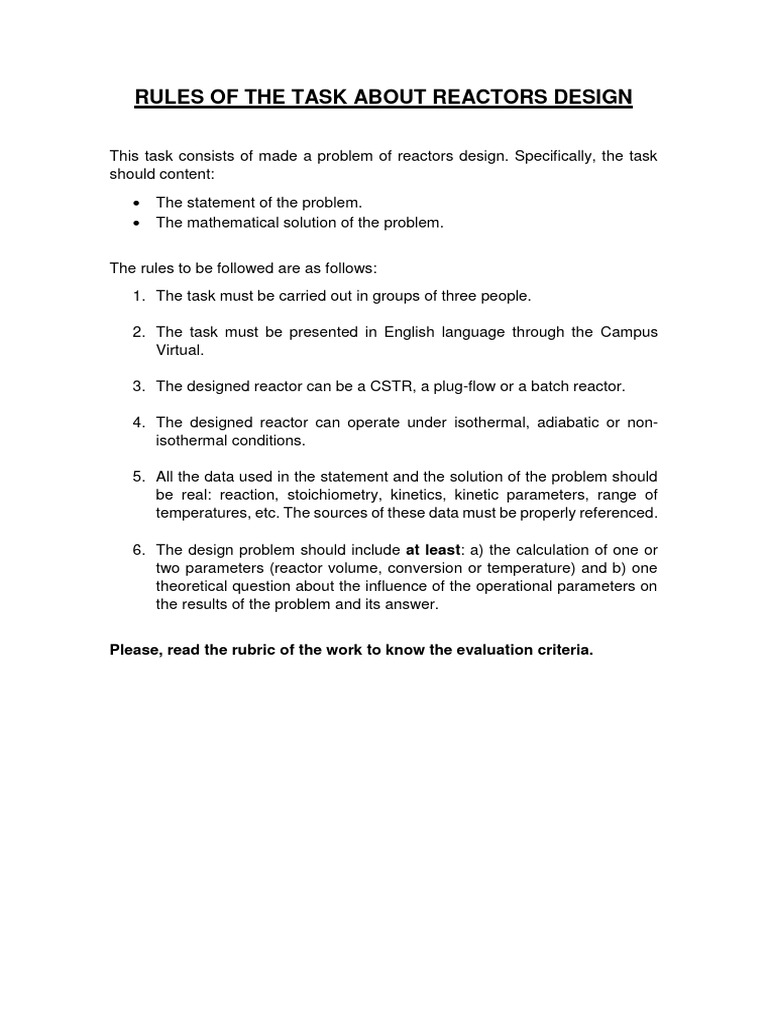 Rules of The Task About Reactors Design | PDF