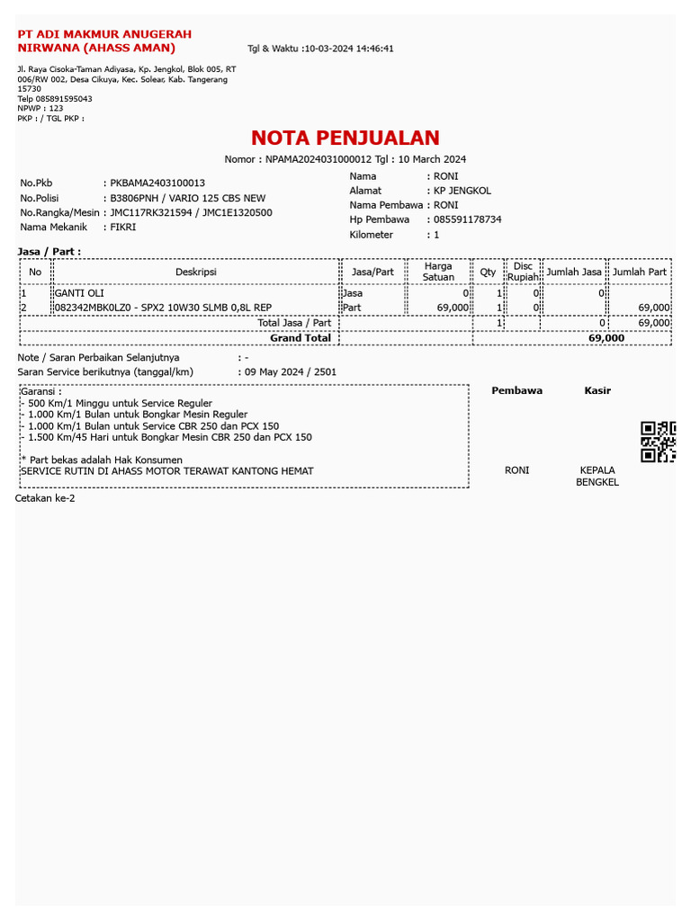 Nota Servis Motor Vario 2024 | PDF