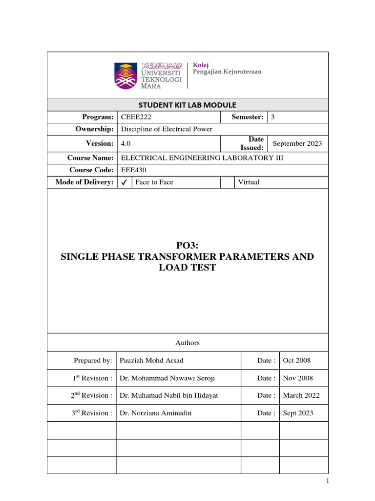 Single Phase Transformer Lab Guide | PDF | Transformer ...