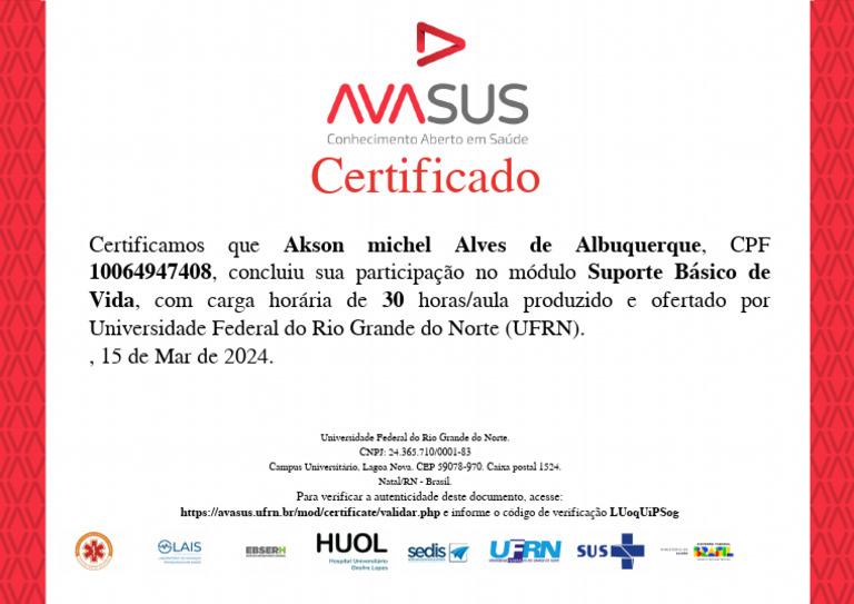 Suporte Básico de Vida_Certificado de Conclusão Avasus | PDF
