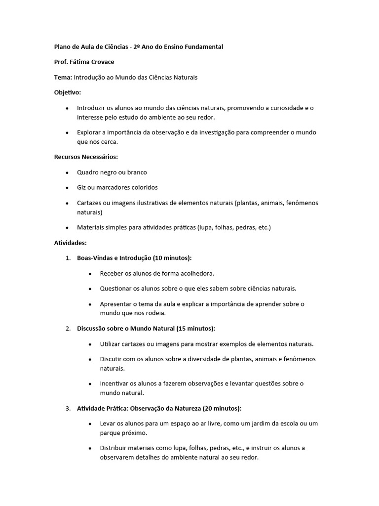 Plano de Aula de Ciências | PDF | Science | Natureza
