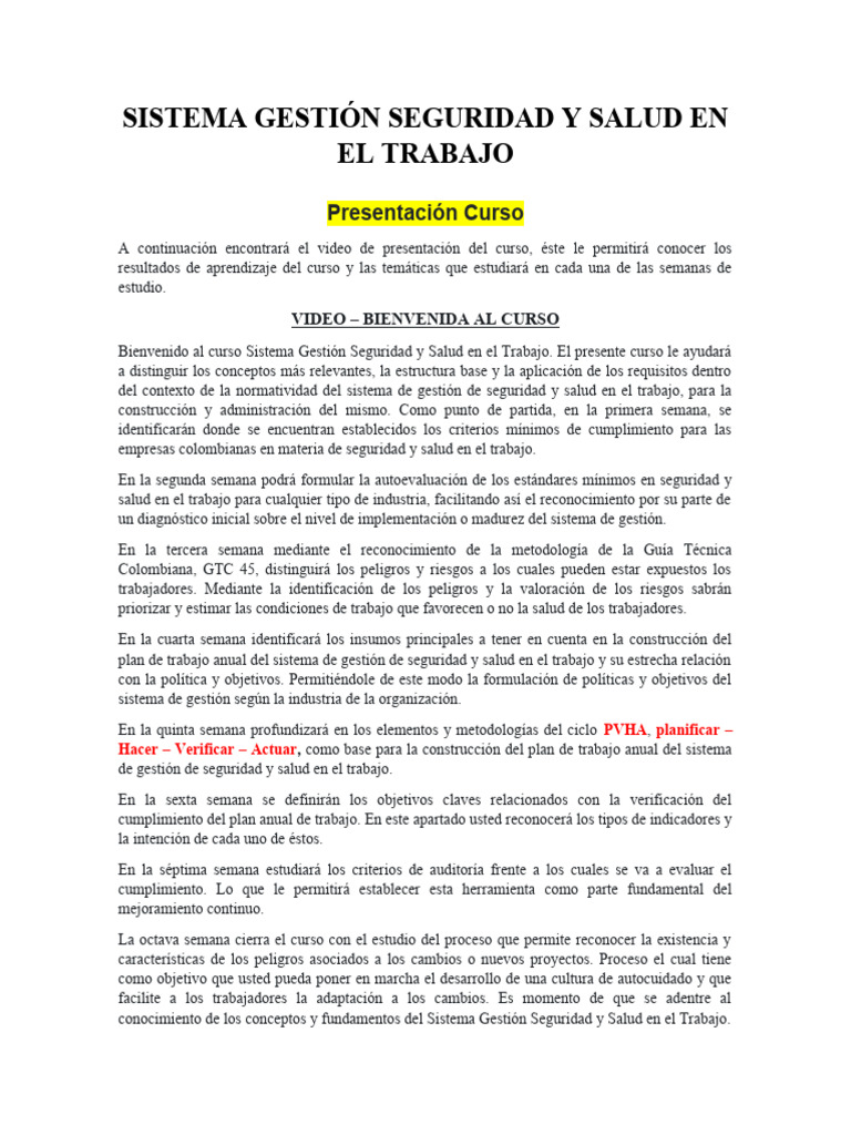 Curso de Gestión en Seguridad y Salud Laboral | PDF | Evaluación ...