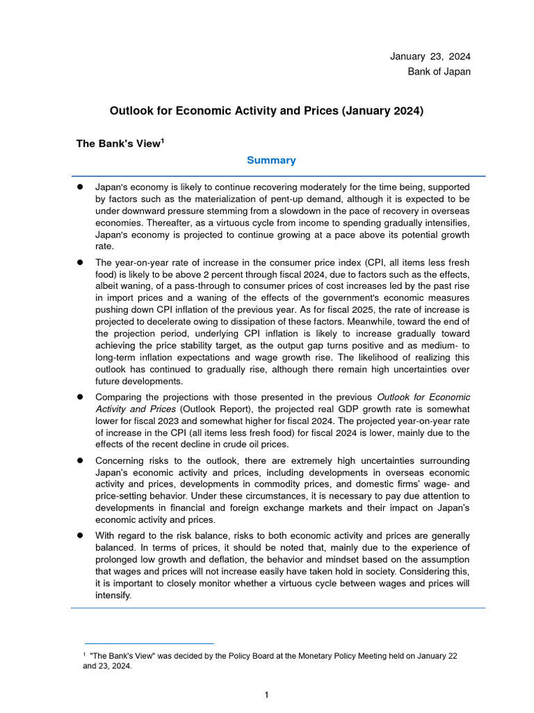Japan Economic Outlook January 2024 | PDF | Inflation | Monetary Policy
