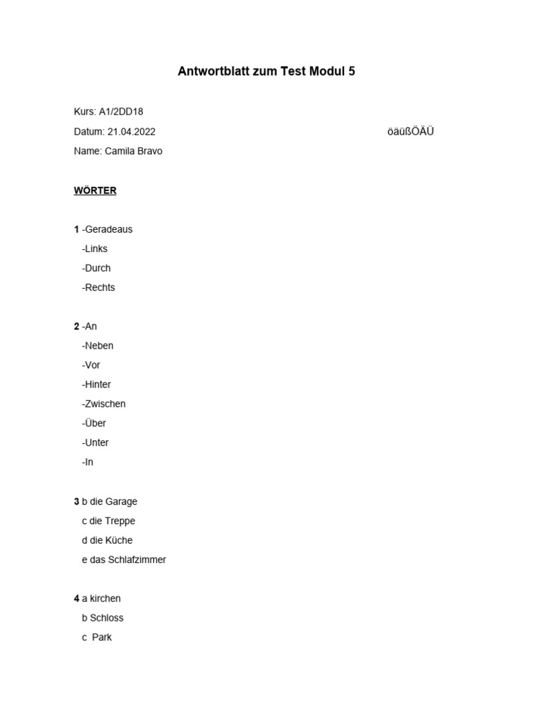 Antwortblatt Zum Test Modul 5 (Menschen A1.2) | PDF