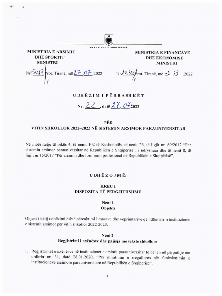 Udhezimi i perbashket nr 22 27 07 2022 per vitin shkollor 2022 2023 ne