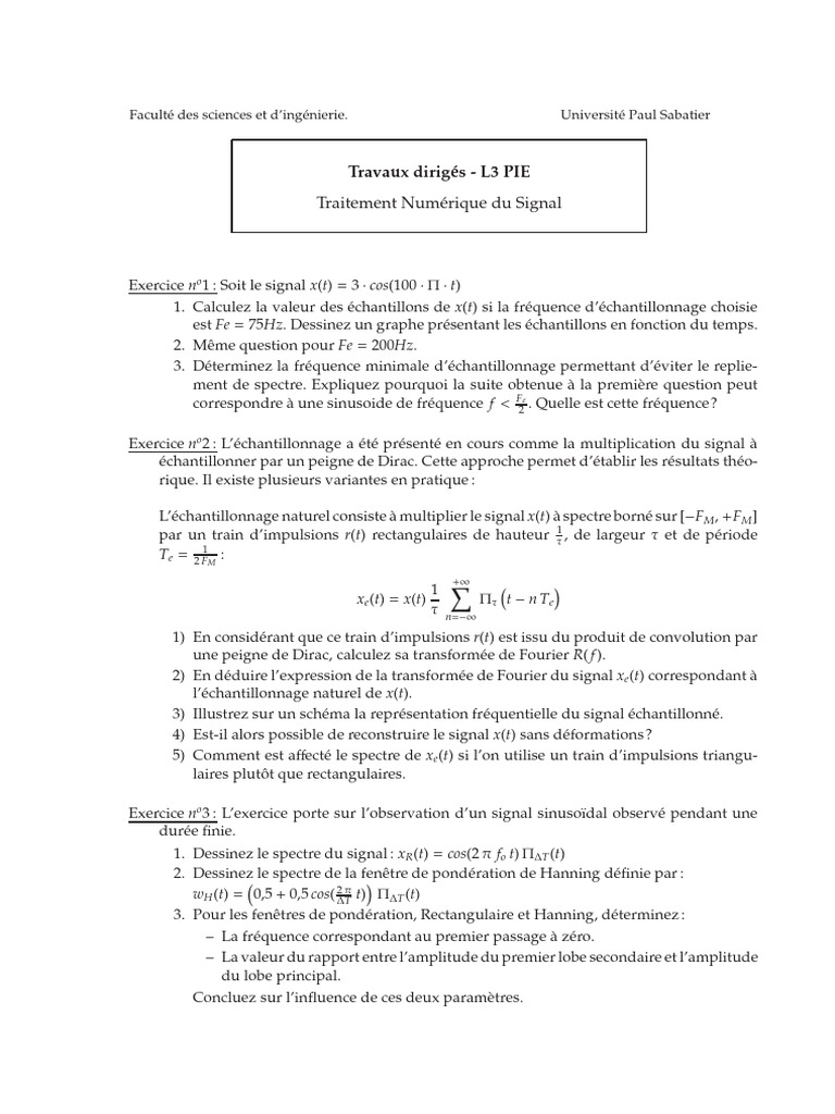Exercices de Traitement Numérique du Signal | PDF | Ingénierie des ...