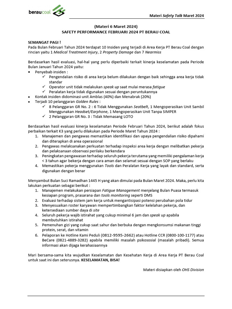 Materi Safety Talk Maret 2024 Pdf