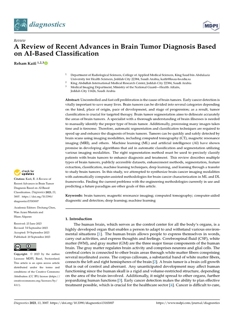 Diagnostics 13 03007 | PDF | Medical Imaging | Brain Tumor