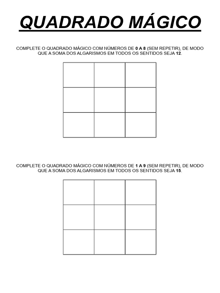 Atividades de Quadrado Mágico 3x3 | PDF