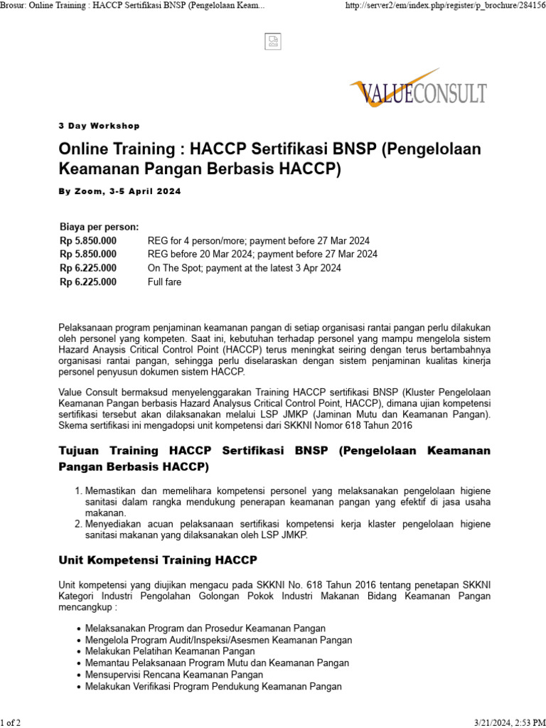 Brosur Online Training Haccp Sertifikasi Bnsp Pengelolaan Keamanan