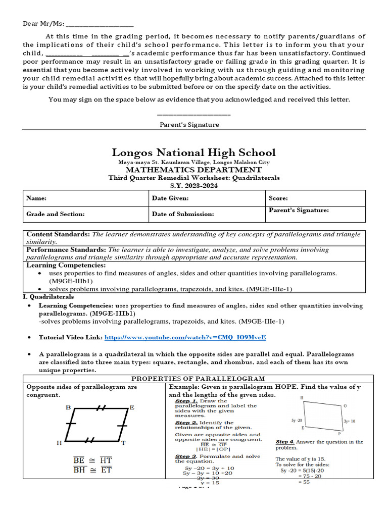 Student Performance Notification Letter | PDF | Rectangle | Perpendicular