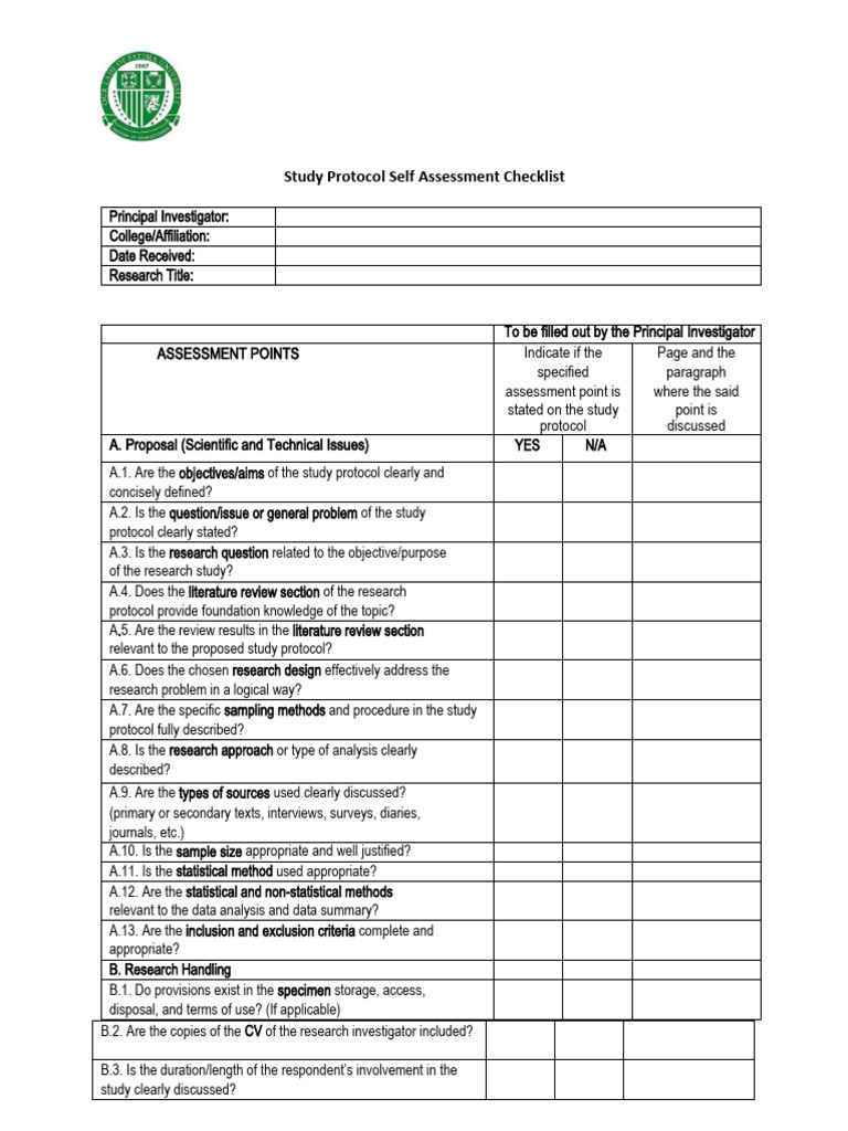 Study Protocol Self-Assessment Checklist | PDF