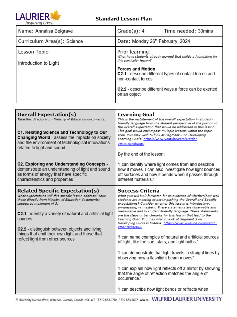 Science Lesson Plan - Intro To Light | PDF