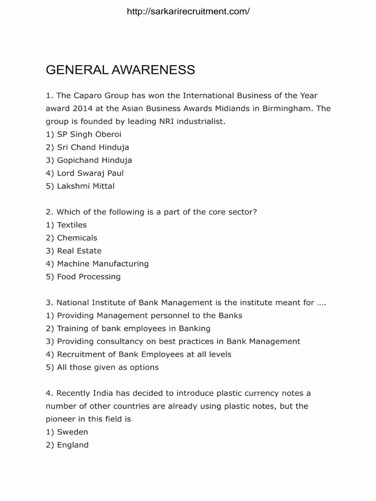 General awareness sample papers pdf