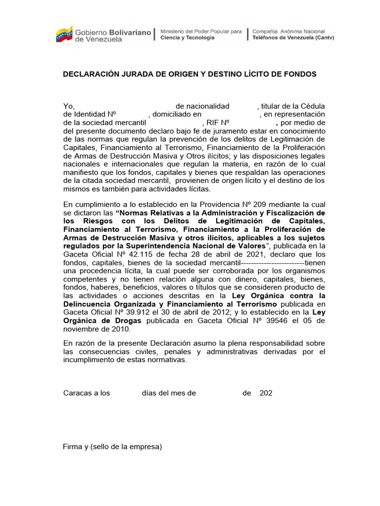 Declaración Jurada de Origen y Destino Lícito de Fondos (Cantv) - 1 | PDF