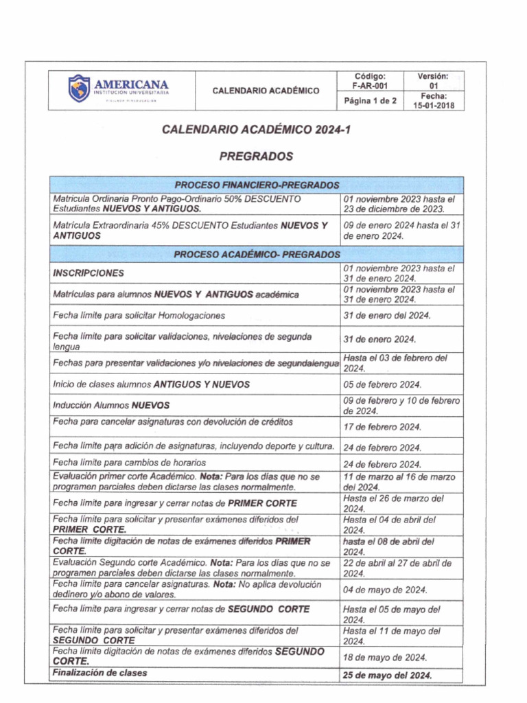 Calendario Academico 2024 1 | PDF