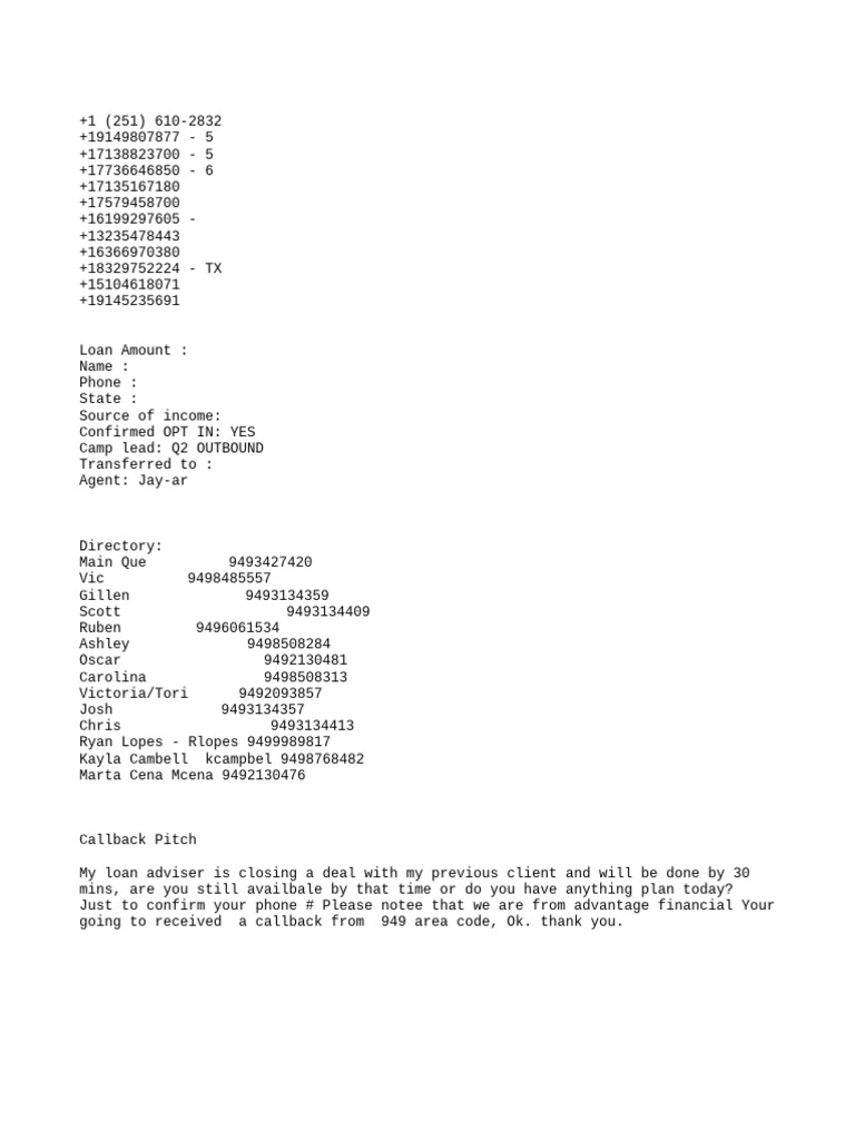 Advantage Financial Callback Script | PDF