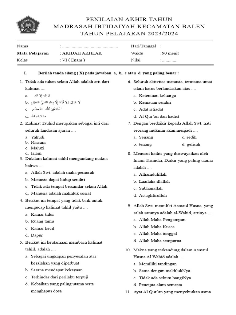 Soal Agama Akidah Kls 6 Pdf