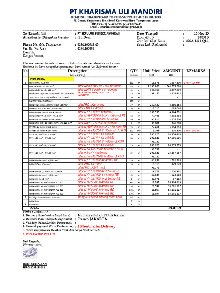 Quotation for Electrical Cables | PDF