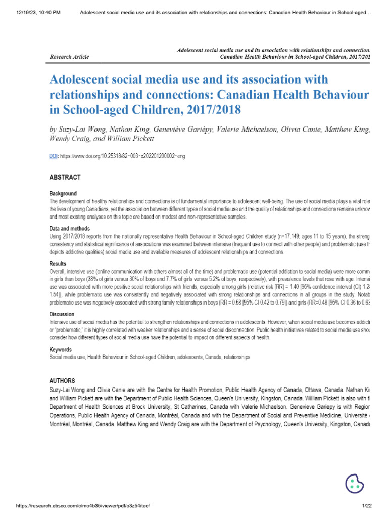 Adolescent Social Media Use and Its Association With Relationships and ...
