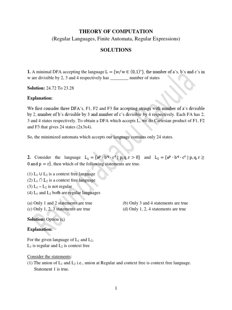 Theory of Computation: DFA & Regular Languages Solutions | PDF | Models ...