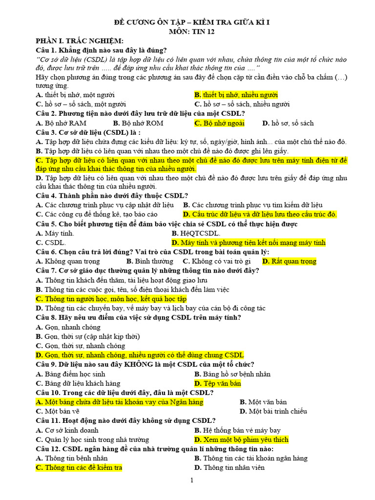 DE CUONG ON TAP - HS - Tin 12 Gi A Kì I | PDF