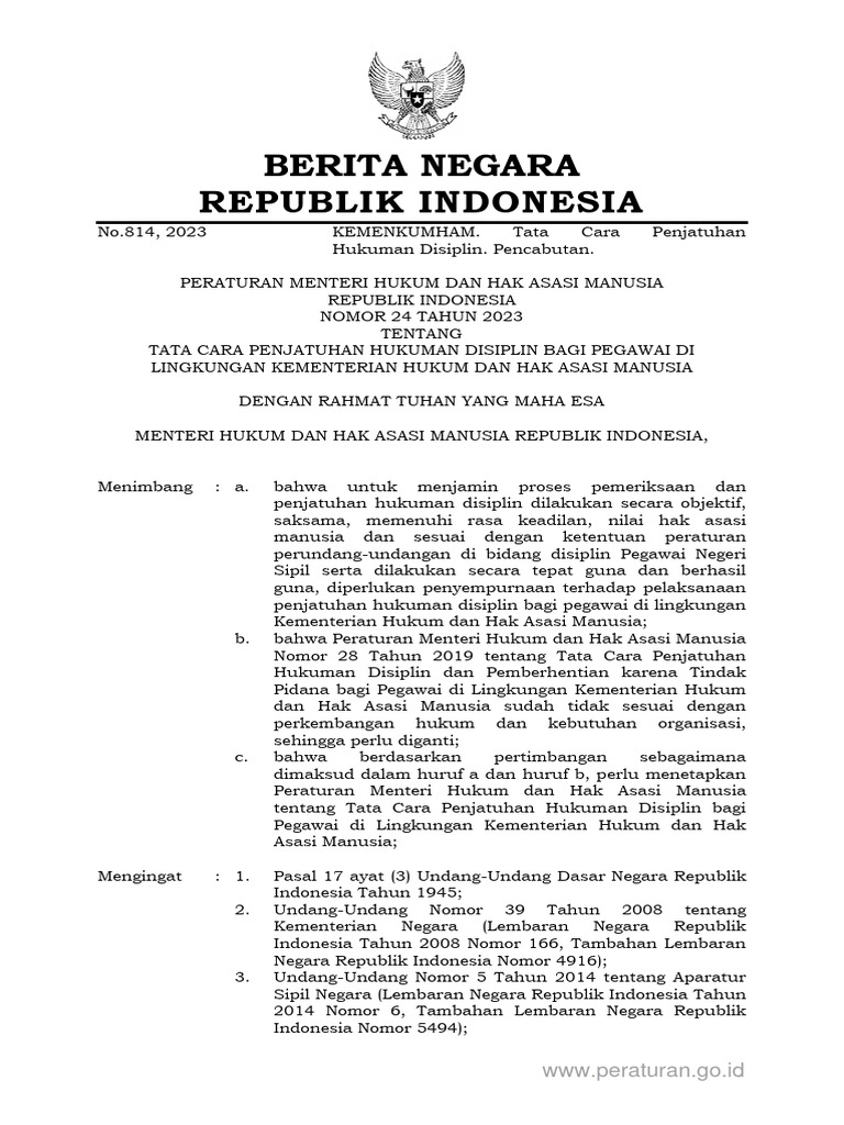 Permenkumham nomor 24 tahun 2023 tentang tata cara penjatuhan hukuman
