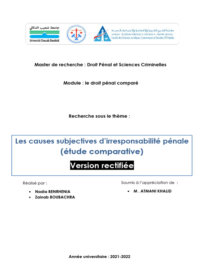 Causes d'irresponsabilité pénale comparées | PDF | Psychose | Loi ...