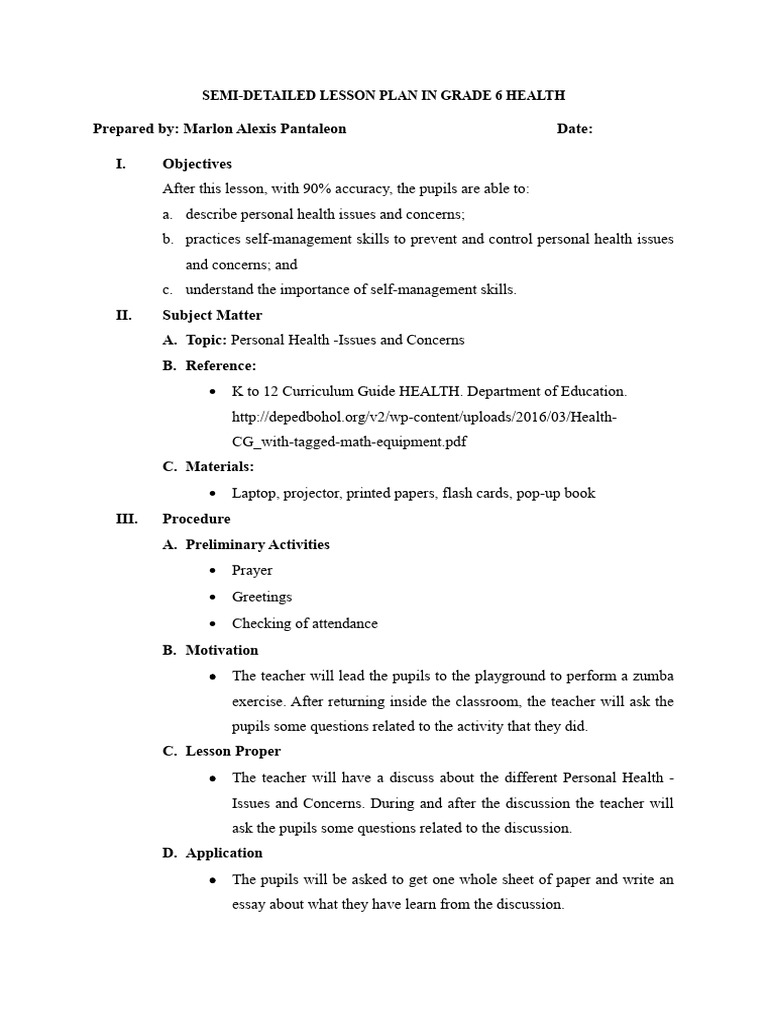 Semi-Detailed Lesson Plan PE and Health 6 | PDF