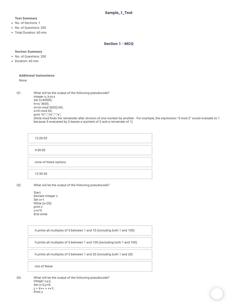 Pseudocode Output Analysis Test | PDF | Boolean Data Type | Control Flow