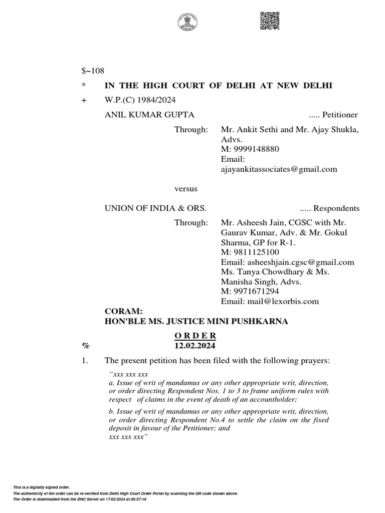 Delhi High Court - Anil Kumar v. IOB - Order - 12.02.2024 | PDF ...