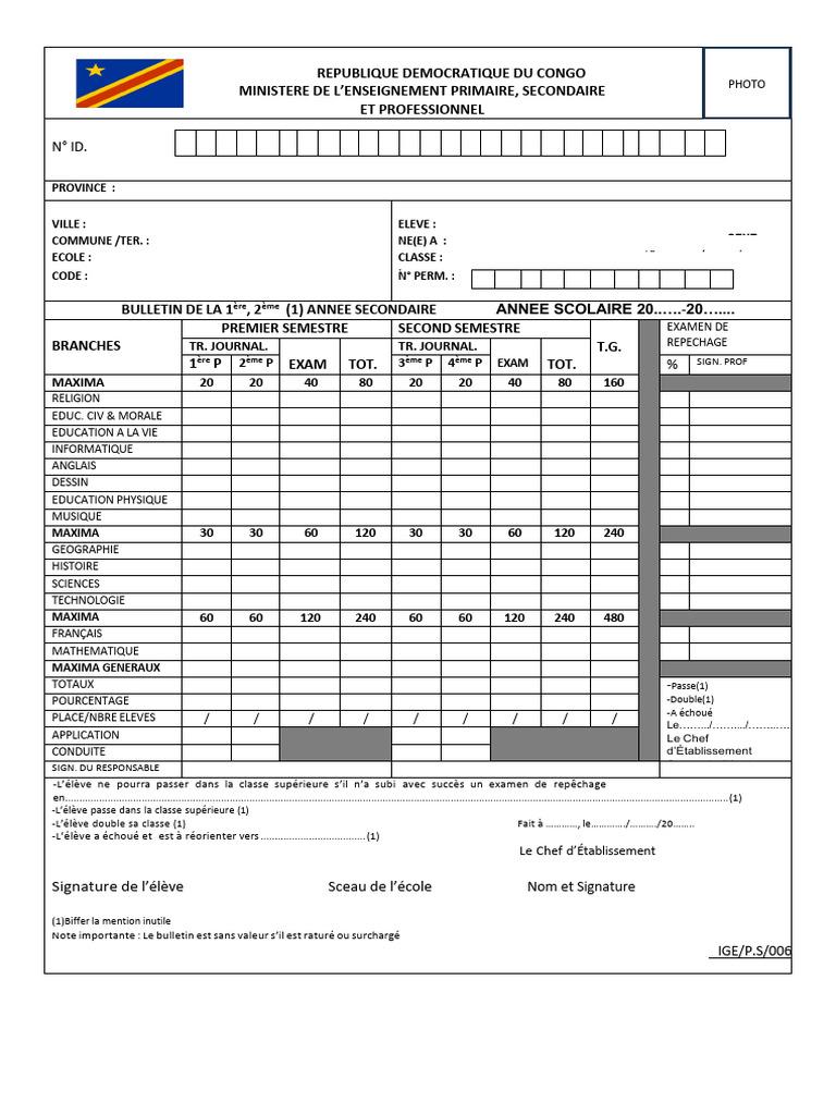 Bulletin Scolaire Secondaire RDC 2023 | PDF