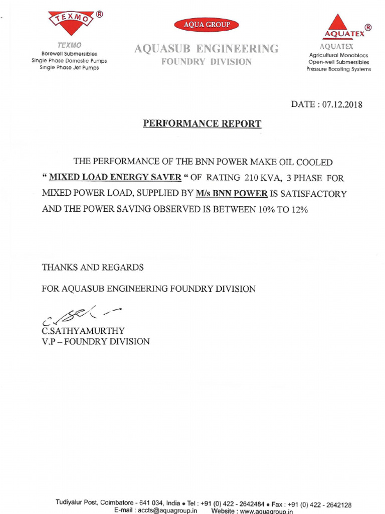 Aquasub Engg. Performace Letter | PDF