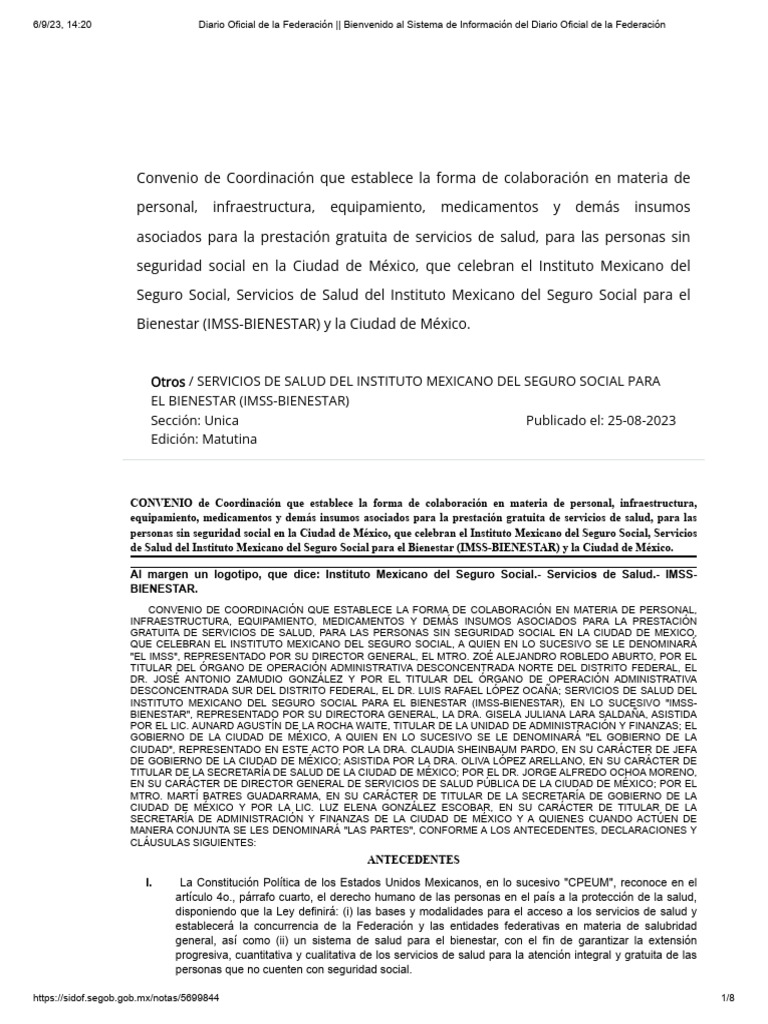 Convenio de Salud para Sin Seguridad Social | PDF | México | Bienestar