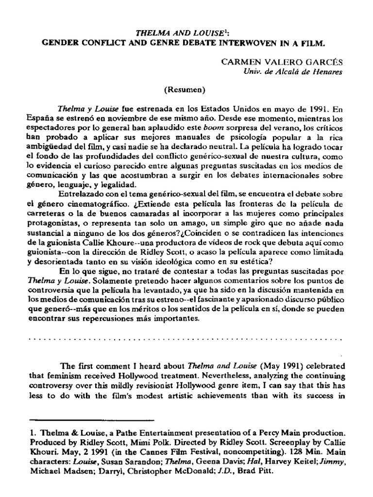 Thelma and Louise. Gender Conflict and Gender Debate Interwomen in A ...
