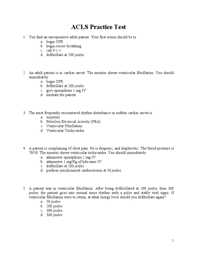 ACLS Practice Test PDF Cardiac Arrest Cardiopulmonary Resuscitation