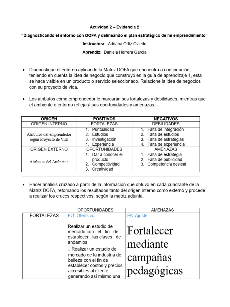 Plan Estratégico DOFA para Emprendimiento | PDF | Análisis FODA | Business