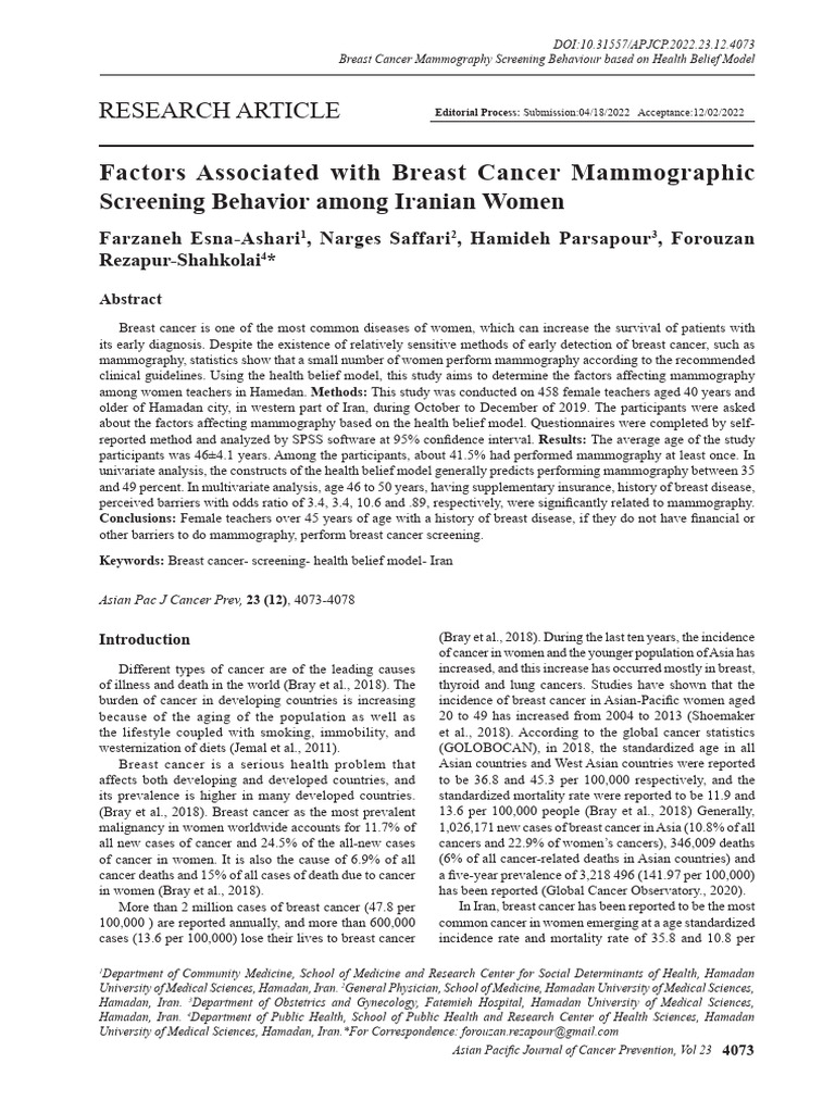Mammography Screening in Iranian Teachers | PDF | Mammography | Breast ...