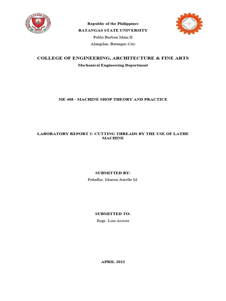 Lathe Machine Thread Cutting Lab Report | PDF | Machining | Machine Tool